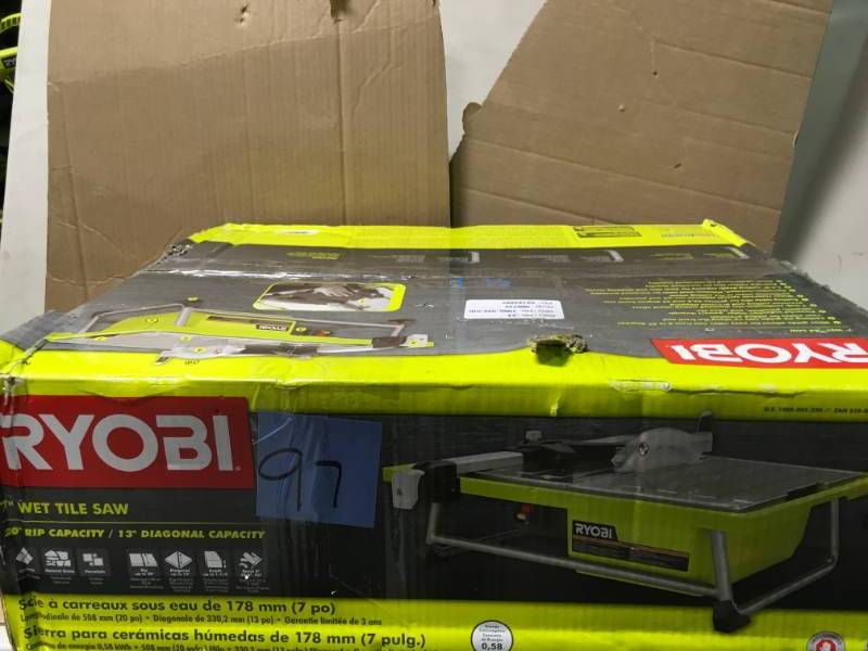 lot 97 image: Ryobi 7 in. 4.8 Amp Tabletop Tile Saw in like new condition