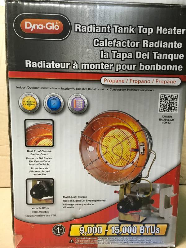 lot 98 image: Dyna-Glo Single Burner 15,000 BTU Radiant Tank Top Propane Portable Heater in like new condition