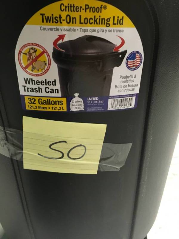 United Solutions 32 Gal. Wheeled Blow Molded Outdoor Trash Can in Black Please see photos for damage one wheel broken