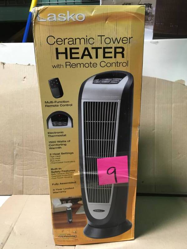 lot 9 image: Lasko 23 in. 1,500-Watt Digital Ceramic Tower Heater with Remote Control in like new condition
