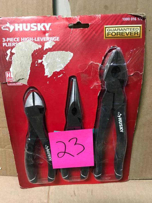 lot 23 image: Husky High-Leverage Long Nose Pliers Set (3-Piece) in like new condition