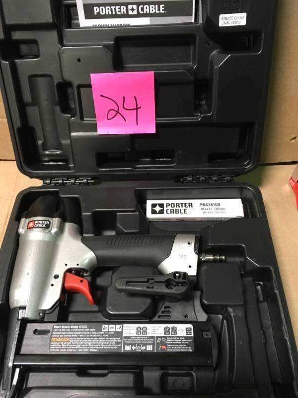lot 24 image: Porter-Cable Pneumatic 18-Gauge 1-12 in. Narrow Crown Stapler Kit in like new condition