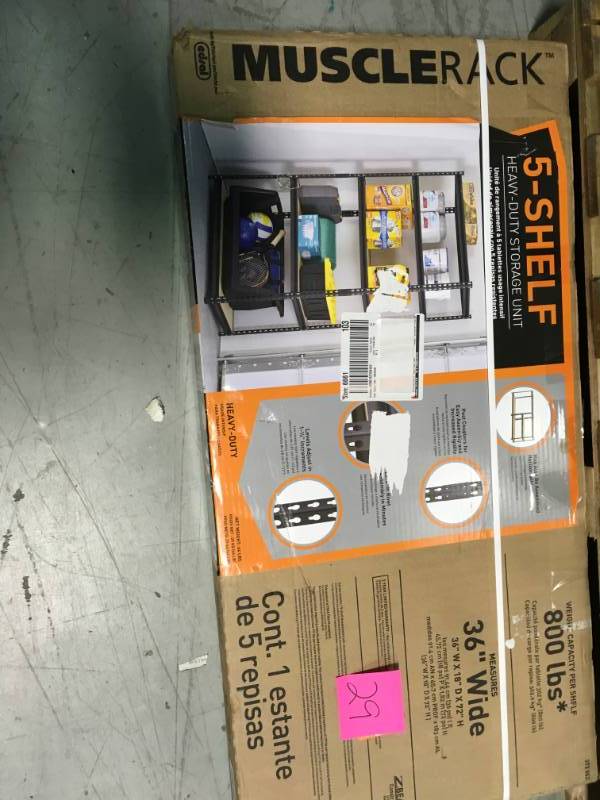 lot 29 image: Muscle Rack 72 in. H x 36 in. W x 18 in. D 5-Shelf Steel Particle Board Shelves Commercial Shelving Unit in Black not used