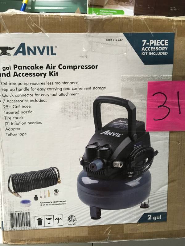 lot 31 image: ANVIL 2G Pancake Air Compressor with 7-Piece Accessories Kit in like new condition