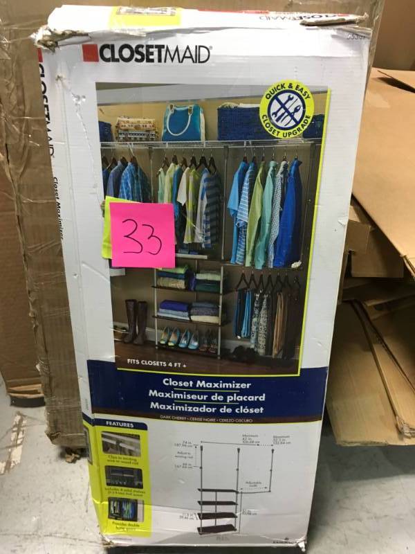 lot 33 image: ClosetMaid 4 ft. - 8 ft. Laminate Closet Maximizer in Dark Cherry in like new condition