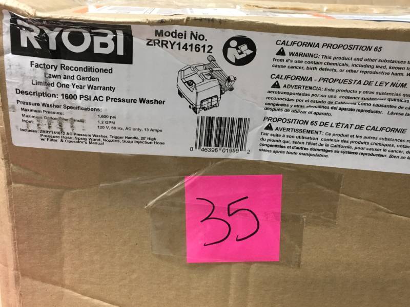 lot 35 image: Ryobi Reconditioned 1,600 PSI 1.2 GPM Electric Pressure Washer