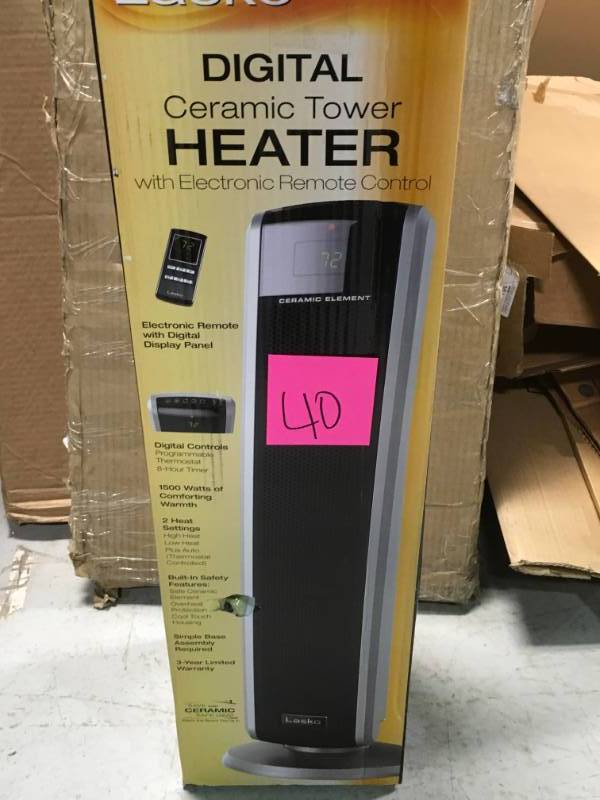lot 40 image: Lasko Digital Ceramic Tower Heater with Remote Control in like new condition
