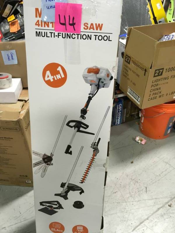 lot 44 image: 2-Cycle 26 cc Gas Full Crank Shaft 4 in 1 Multi Function String Trimmer with Pole Saw Attachment in like new condition