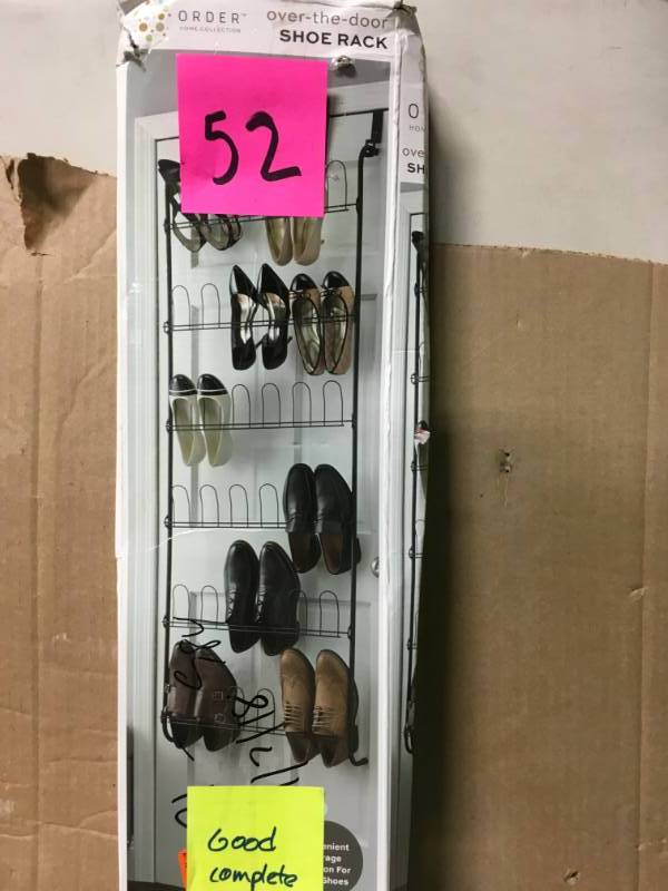 lot 52 image: Organize It All Over-The-Door 18-Pair Wire Shoe Rack not used