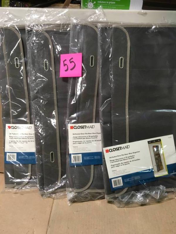 lot 55 image: ClosetMaid 24-Pocket Over-the-Door Shoe Organizer in Gray LOT OF 4 in like new condition