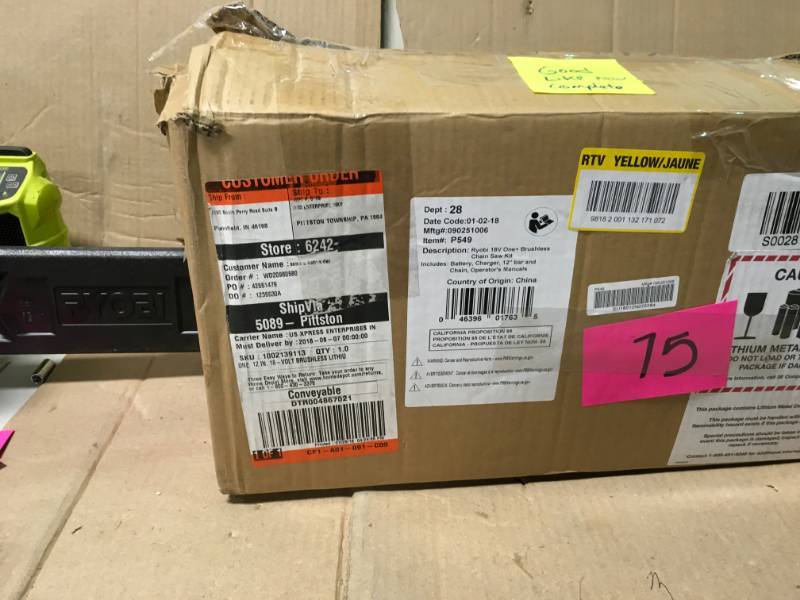 lot 75 image: Ryobi ONE 12 in. 18-Volt Brushless Lithium-Ion Electric Cordless Chainsaw - 4.0 Ah Battery and Charger Included in like new condition