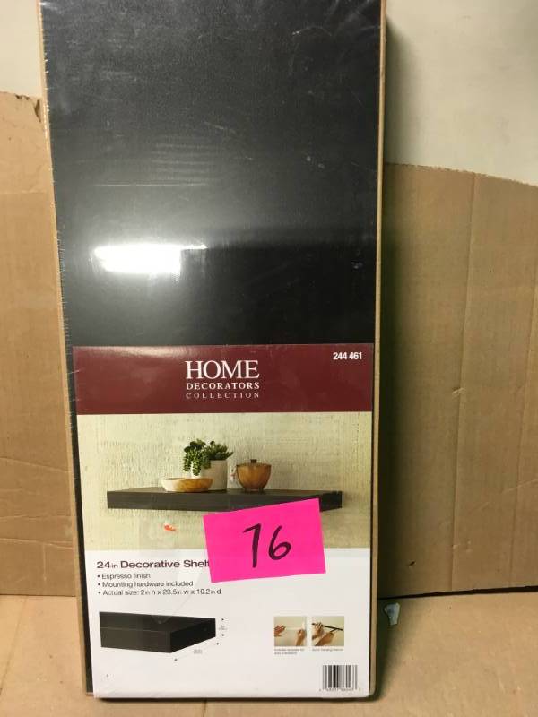 lot 76 image: Home Decorators Collection 23.6 in. L x 10 in. W Floating Espresso Shelf in like new condition