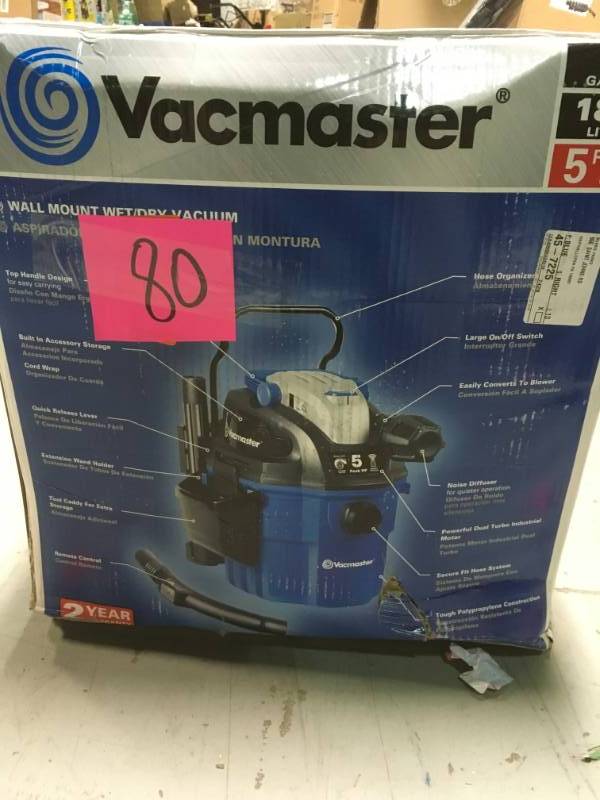 lot 80 image: Vacmaster 5-gal. Wall Mount  Portable WetDry Vac with 2-Stage Motor in like new condition