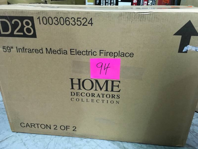 lot 94 image: Home Decorators Collection Edenfield 59 in. Freestanding Infrared Electric Fireplace TV Stand in Aged White not used