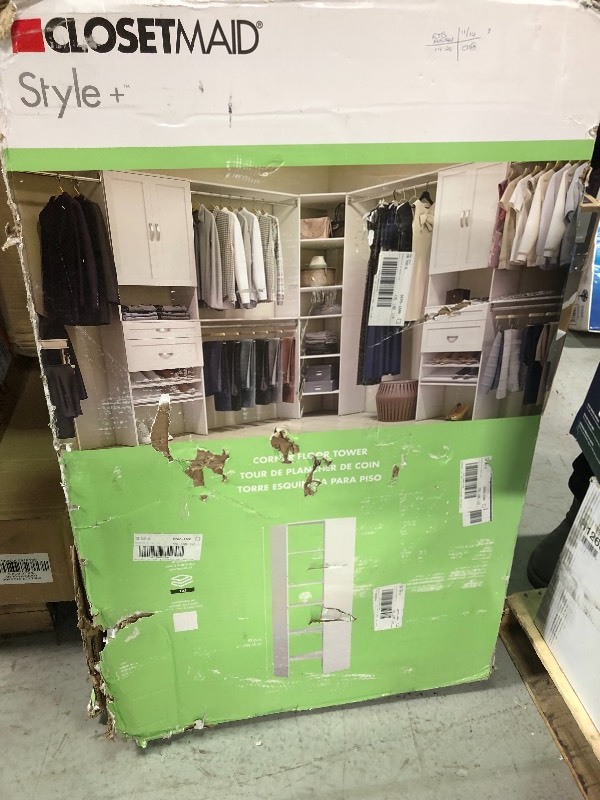 lot 104 image: ClosetMaid Style 25 in. D x 25 in. W x 82 in. H White Melamine 6-Shelves Corner Closet System in good conditions