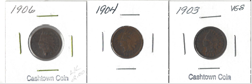Three Different Indian Pennies - 1903, 1904, & 1906