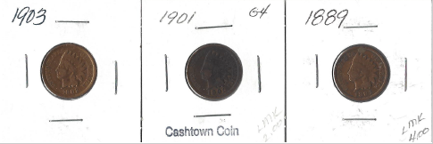 Three Different Indian Pennies - 1889, 1901, & 1903