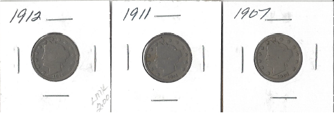 Three Different Liberty Head Nickels - 1907, 1911, & 1912