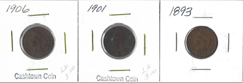 Three Different Indian Pennies - 1893, 1901, & 1906