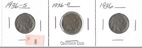 Three Different Buffalo Nickels - 1936, 1936-D, & 1936-S