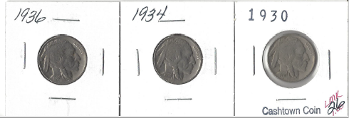 Three Different Buffalo Nickels - 1930, 1934, & 1936