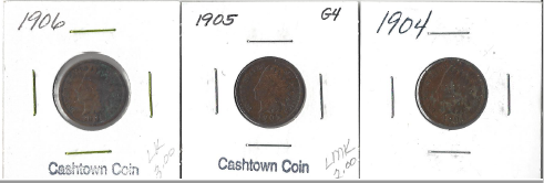 Three Different Indian Pennies - 1904, 1905, & 1906