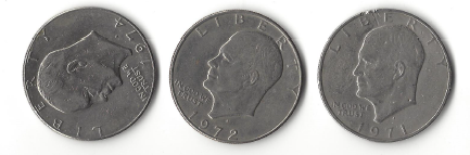Three Different Eisenhower Dollars - 1971-D, 1972-D, & 1974-D