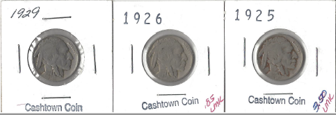 Three Different Buffalo Nickels - 1925, 1926, & 1929