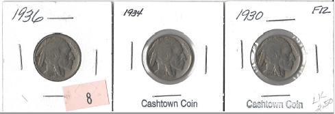Three Different Buffalo Nickels - 1930, 1934, & 1936