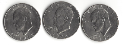 Three Different Eisenhower Dollars - 1972-D, 1974-D, & 1978-D