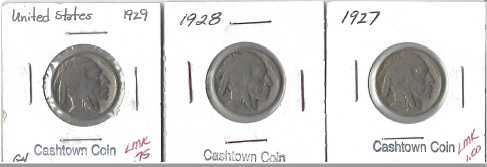 Three Different Buffalo Nickels - 1927, 1928, & 1929