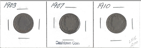 Three Different Liberty Head Nickels - 1903, 1907, & 1910