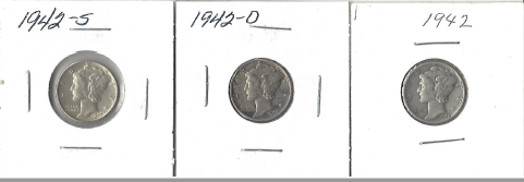 Three Different Mercury Dimes - 1942, 1942-D, & 1942-S
