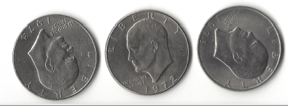 Three Different Eisenhower Dollars - 1971-D, 1972-D, & 1974