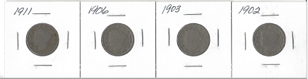 Four Liberty Head Nickels - 1902,1903, 1906, & 1911