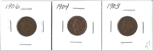 Three Different Indian Pennies - 1903, 1904, & 1906