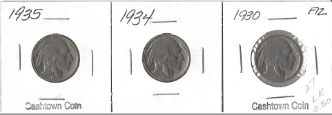 Three Different Buffalo Nickels - 1930, 1934, & 1935