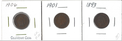 Three Different Indian Pennies - 1893, 1901, & 1906