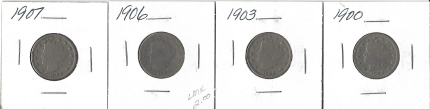 Four Liberty Head Nickels - 1900, 1903, 1906, & 1907