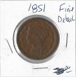 1851 Coronet Head Large Cent F Condition