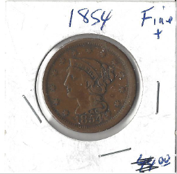 1854 Coronet Head Large Cent F Condition