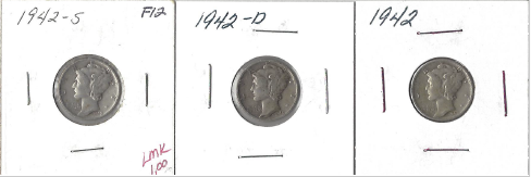 Three Different Mercury Dimes - 1942, 1942-D, & 1942-S