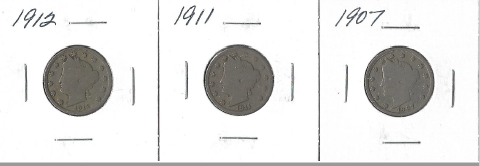 Three Different Liberty Head Nickels - 1907, 1911, & 1912