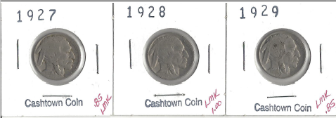 Three Different Buffalo Nickels - 1927, 1928, & 1929