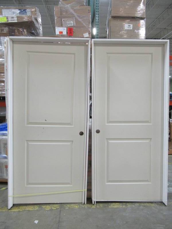 lot 39 image: 2 (RH And LH) ReliaBilt 2-Panel Square Hollow Smooth Molded Composite Interior Single Prehung Doors, 36 X 80 - Damaged