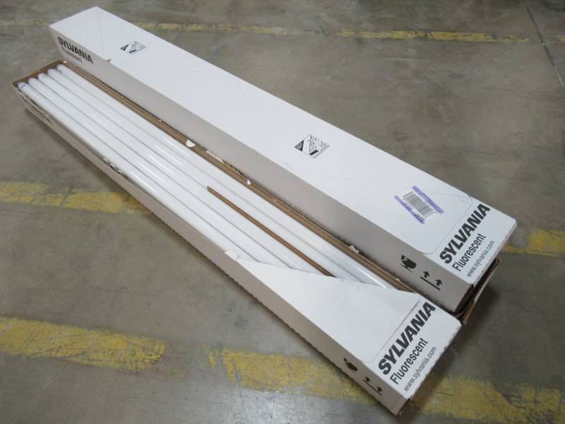 lot 63 image: SYLVANIA 70-in Single Pin (T12) 4200K Cool White Fluorescent Light Bulbs 55W (3 Cases) bulbs.
