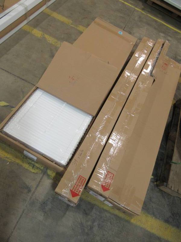 lot 66 image: 2 Sets of HomeBASICS Plantation Faux Wood (Vinyl) White Interior Shutters With Accent Molding