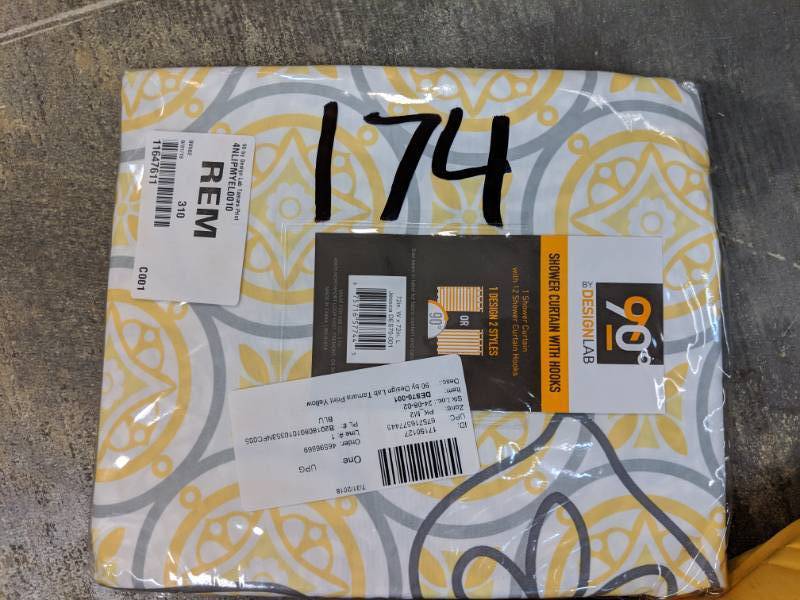 lot 174 image: 90° by Design Lab Tamara Printed Shower Curtain and Hook Set - Yellow