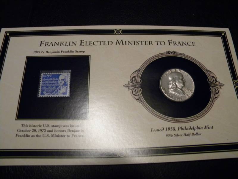 lot 37 image: 1958 Franklin Silver Half Dollar & 1972 7 cent Stamp on Card