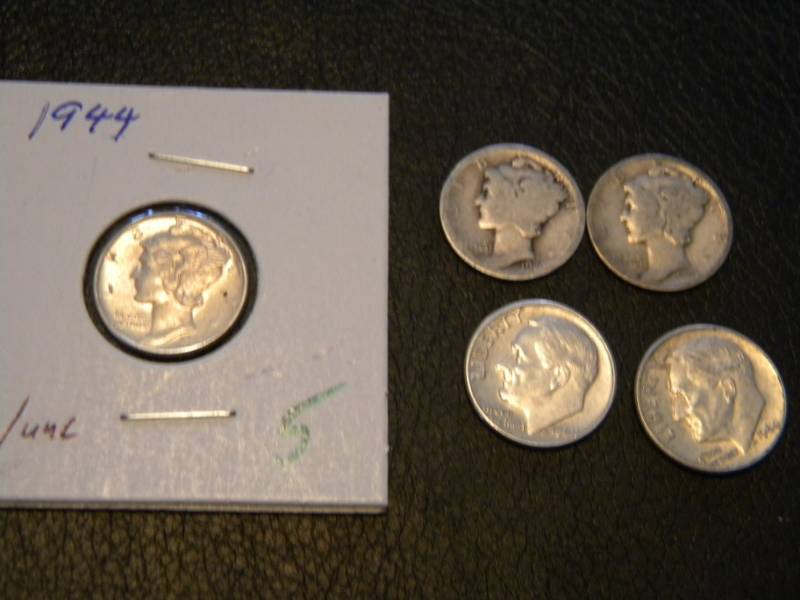 lot 53 image: 3 Mercury Silver & 2 Roosevelt Silver Dimes